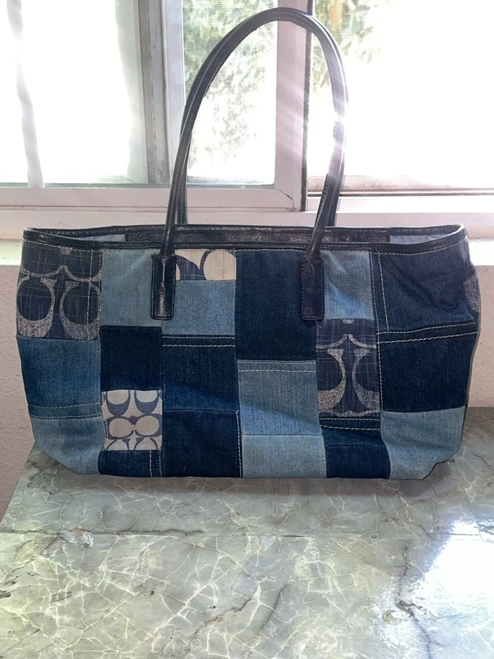 Coach Blue Patchwork Denim Tote with Sequin Heart